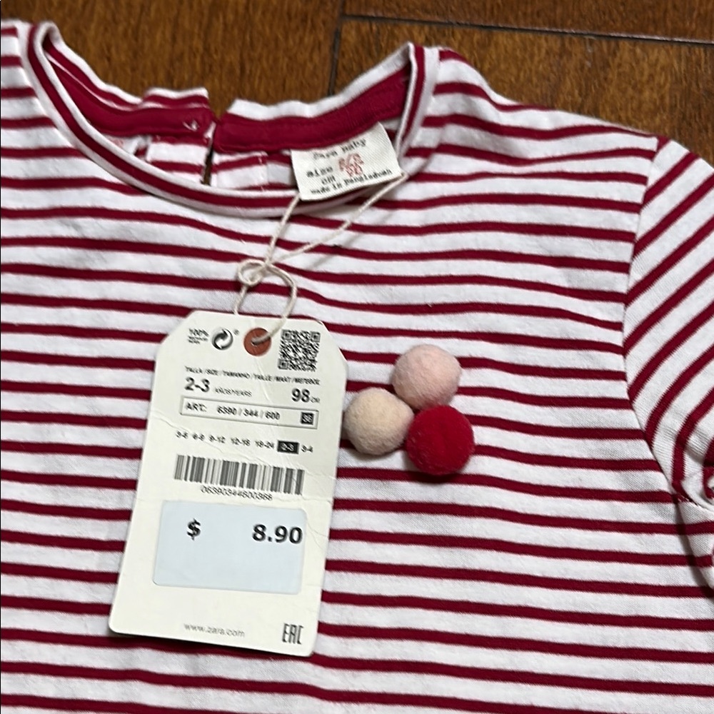Zara girls Striped Red and White long sleeve size 2-3 - Picture 3 of 6